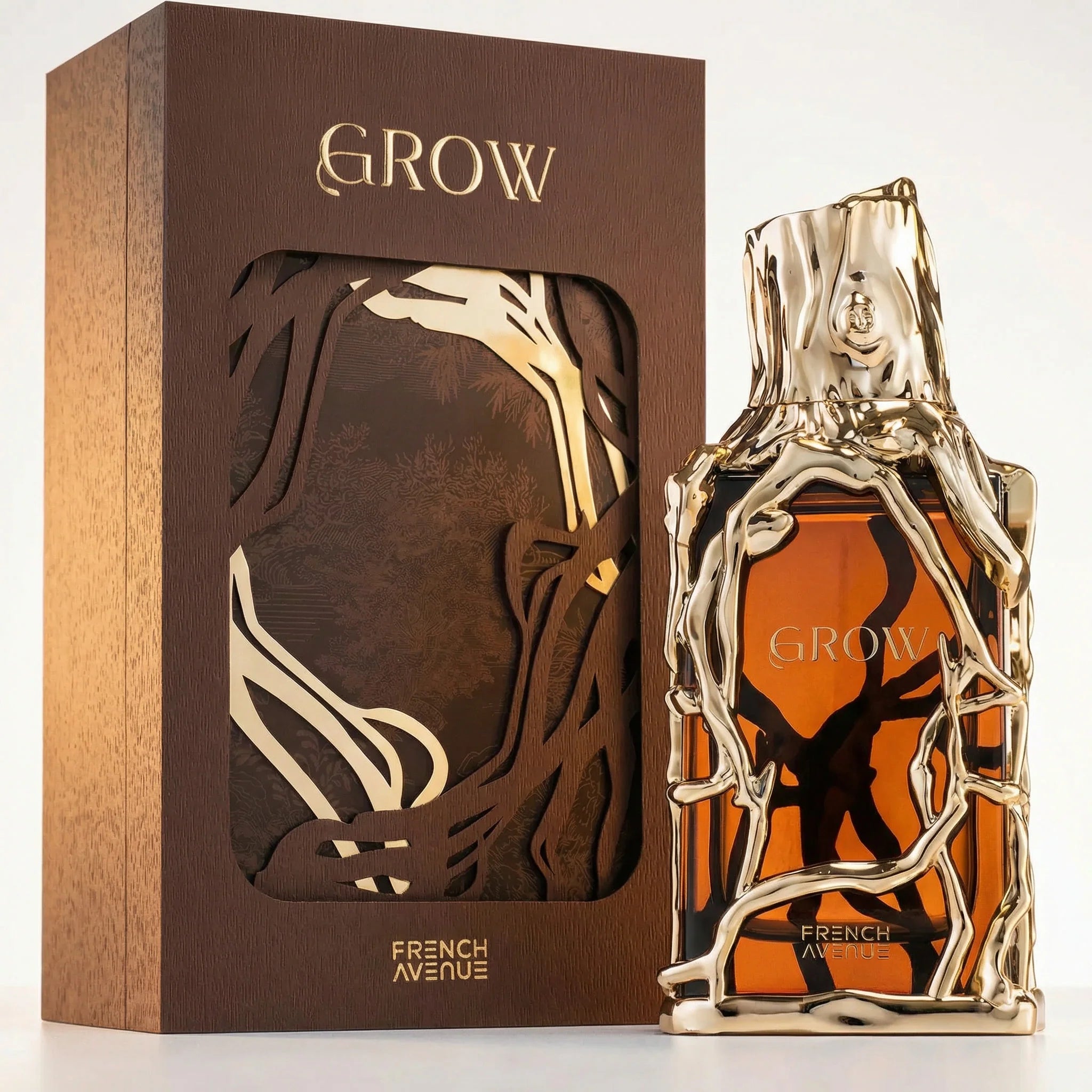 French Avenue Grow Eau de Parfum 100ml perfume bottle and luxury packaging with fresh green citrus woody fragrance for men and women unisex scent. AT AL RAIES PERFUMES QATAR DOHA