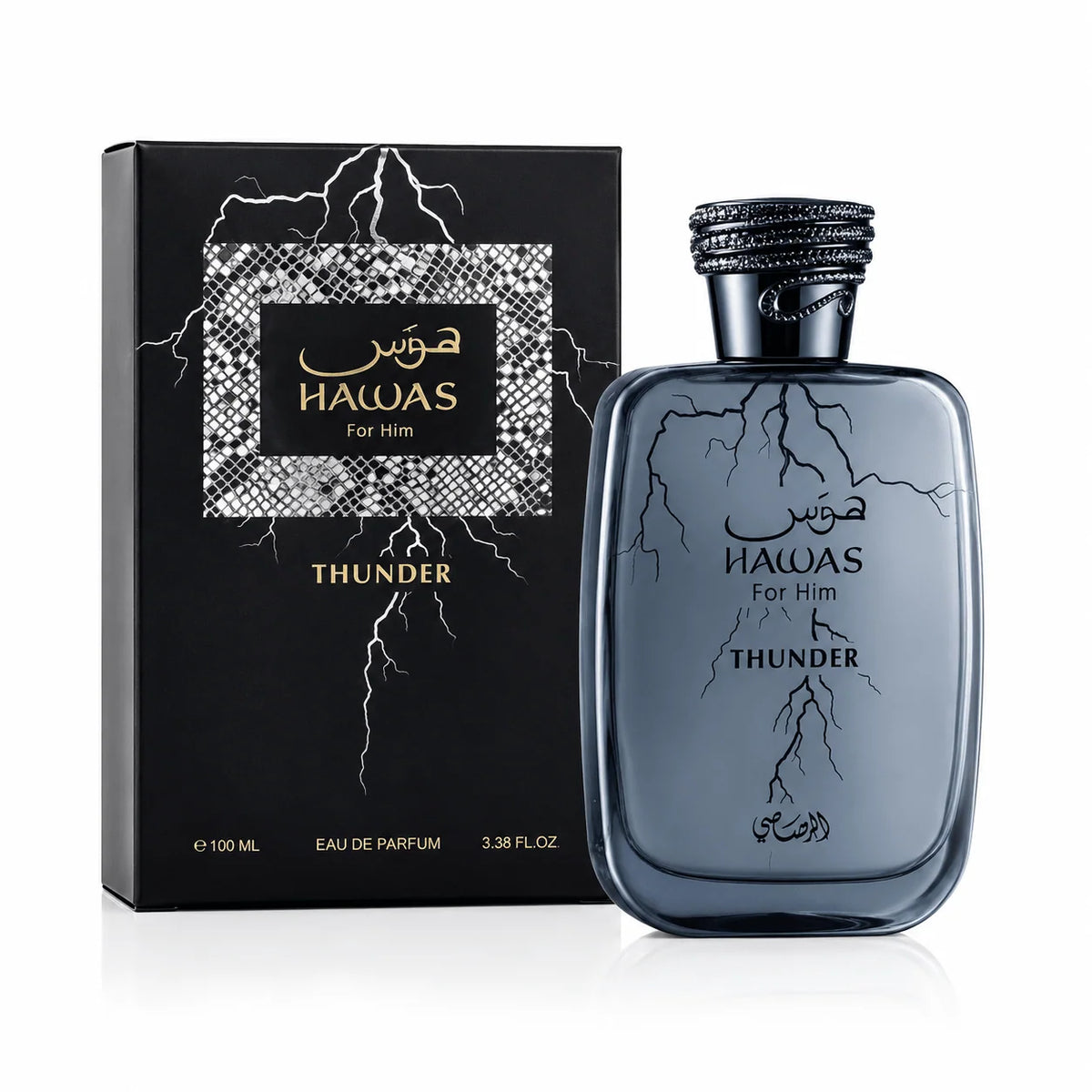 Rasasi Hawas For Him Thunder Eau de Parfum 100ml bottle and box